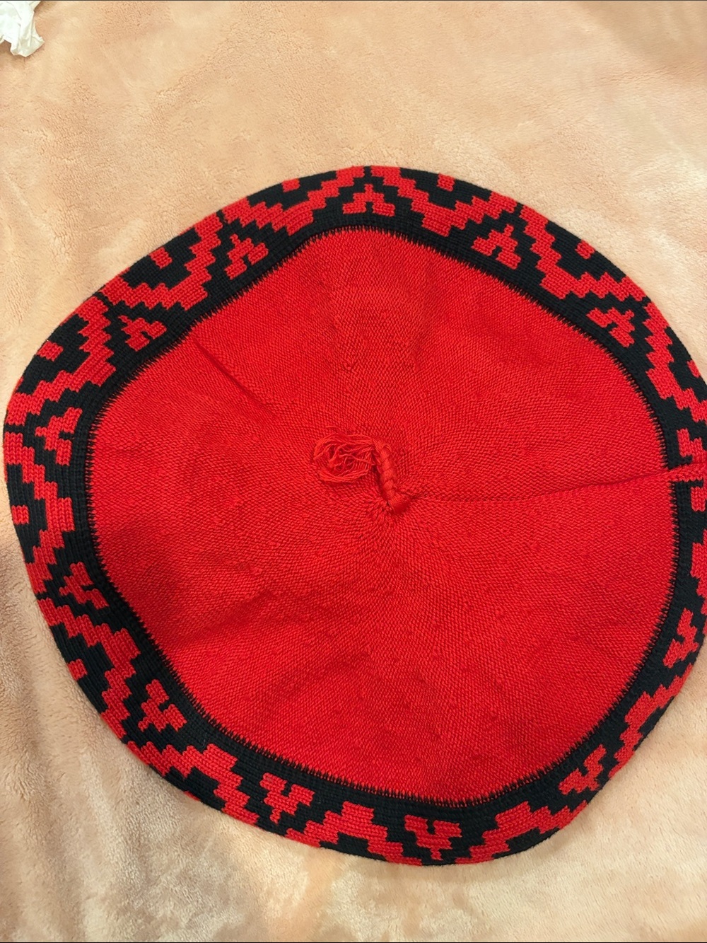 Red Knit Beret with Black Pattern - Unbranded